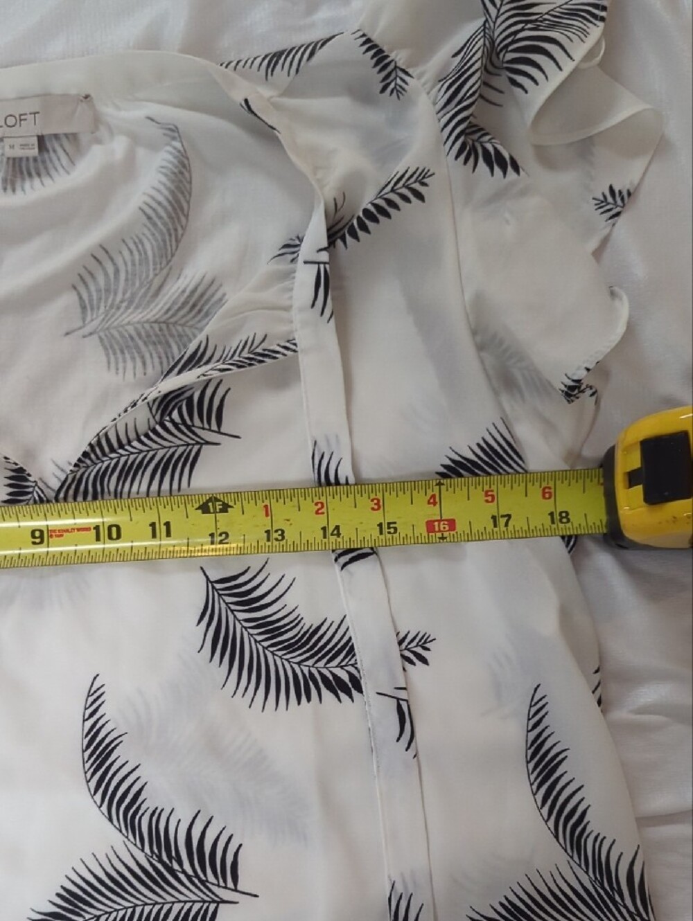 LOFT White Blouse with Black Palm Leaf Print and Tie V-Neck - Picture 9 of 9